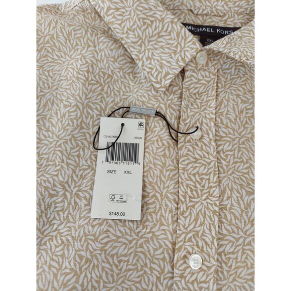 Michael Kors NWT Linen Blend Leaf Print Mens Button Up Shirt Beige XXL - Picture 5 of 8